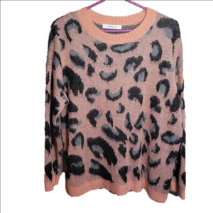 Mustard Seed Women's medium Fuzzy Knit Leopard Pullover Sweater Pink Rose